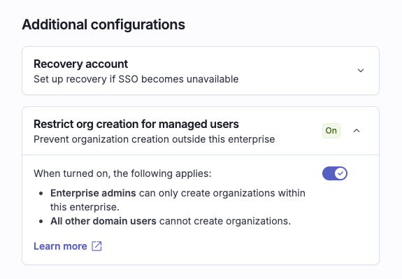 Enable Restrict org creation for managed users in your SonarQube Cloud UI to limit which accounts can create SonarQube Cloud organizations.