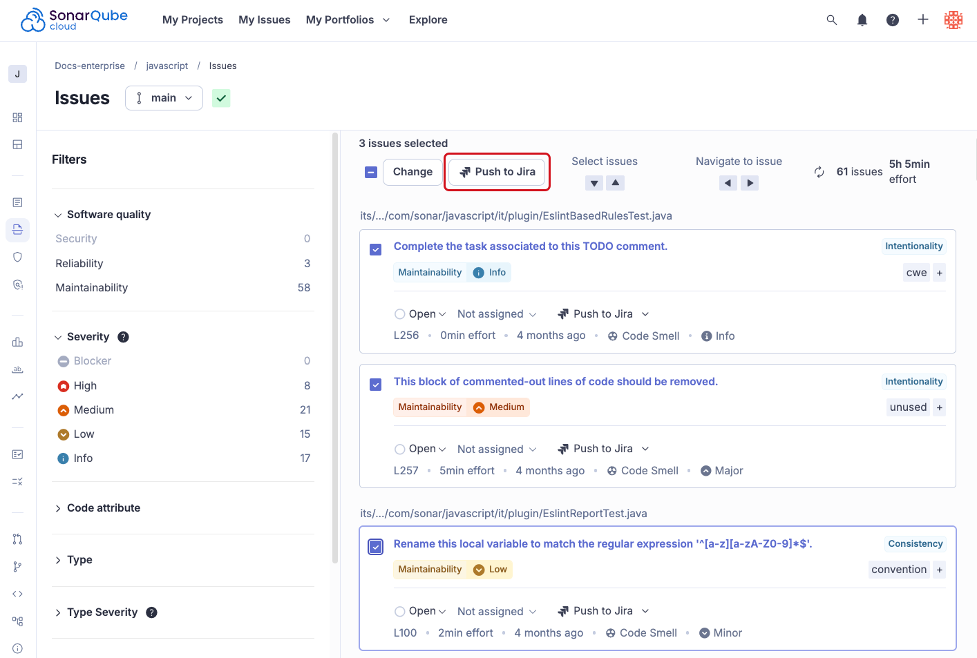 View of creating a Jira work item from multiple SonarQube Cloud issues.