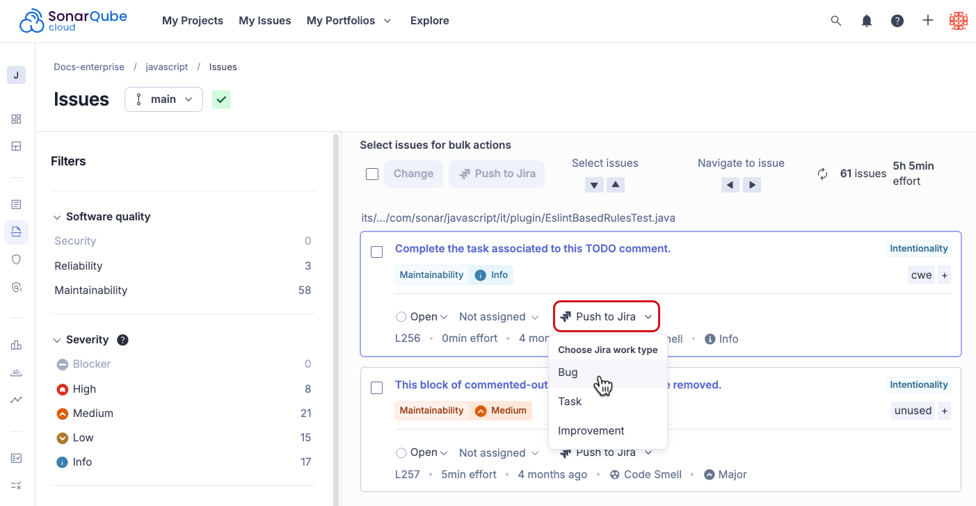 Creating a Jira work item from SonarQube Cloud is as simple as selecting Push to Jira, then choosing a work type.