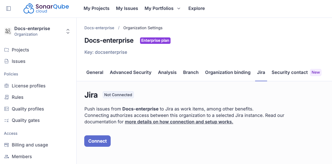 Select the Connect button to connect your SonarQube Cloud organization with a Jira instance.