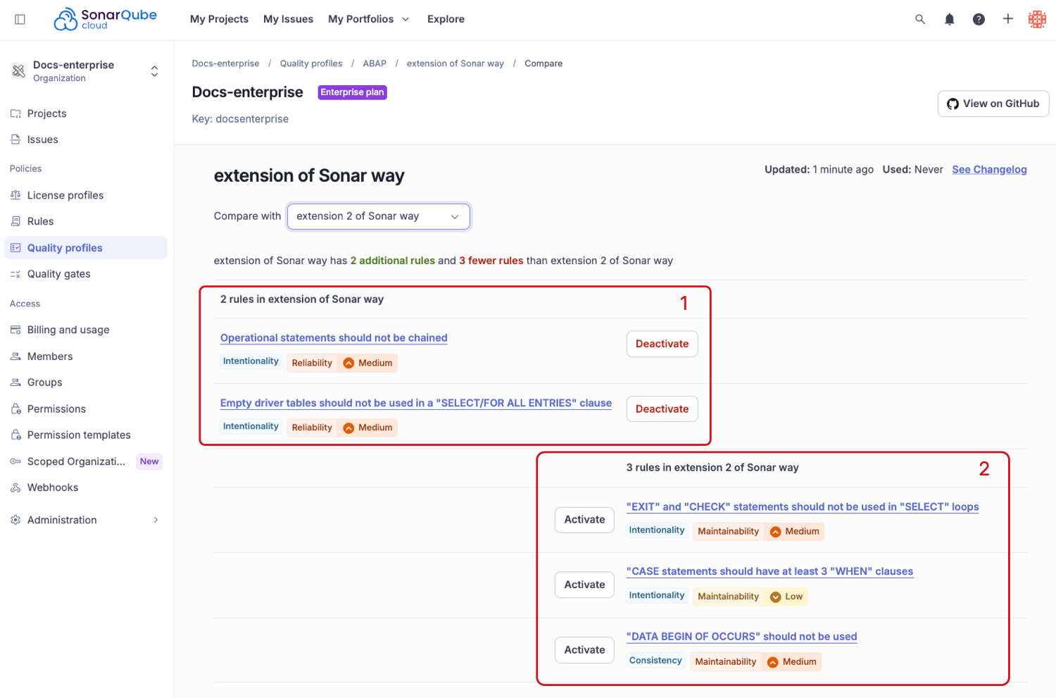 The quality profile comparison page