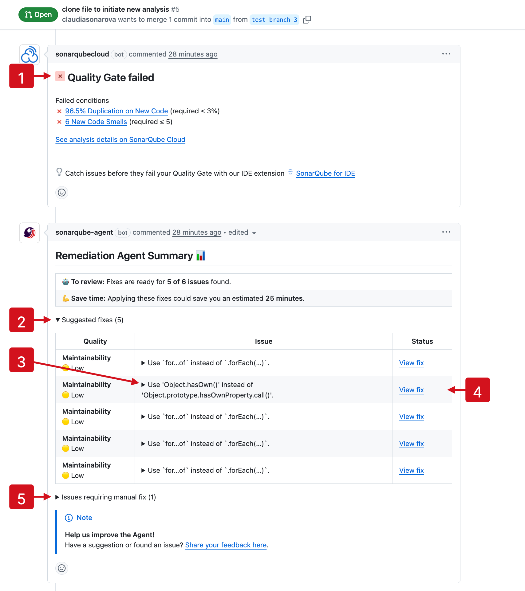 The current state of SonarQube Remediation Agent's activity will be summarized as a comment in your pull request on GitHub.