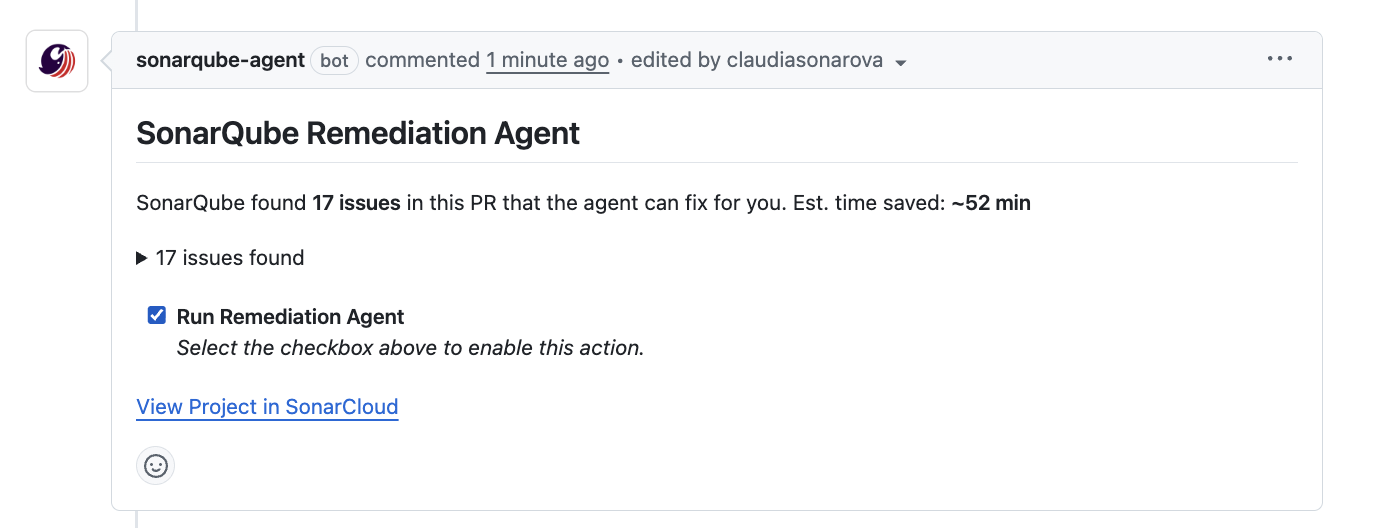 The SonarQube Remediation Agent will add a comment to your pull request when it finds eligible issues to fix.