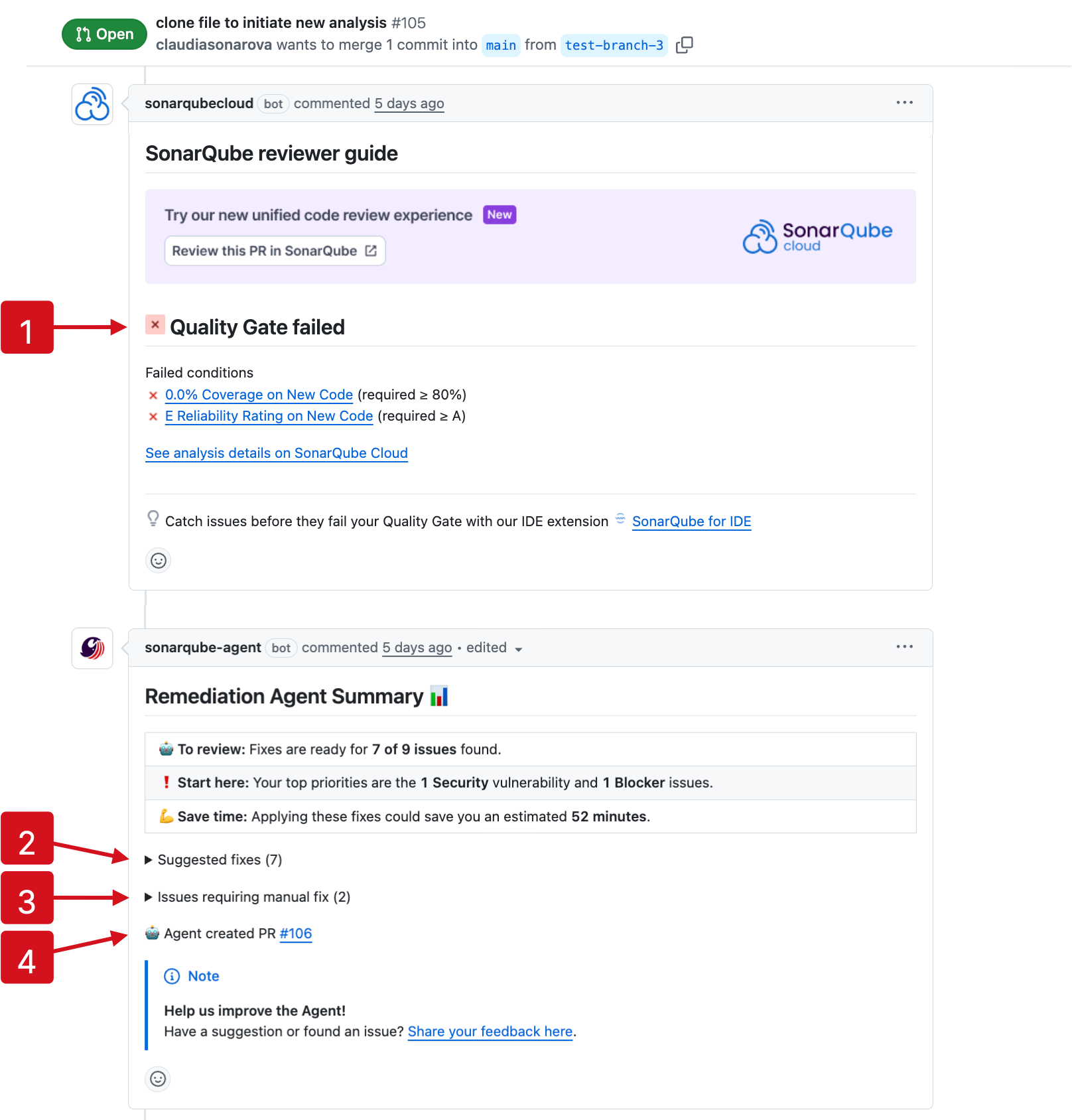 The current state of SonarQube Remediation Agent's activity will be summarized as a comment in your pull request on GitHub.