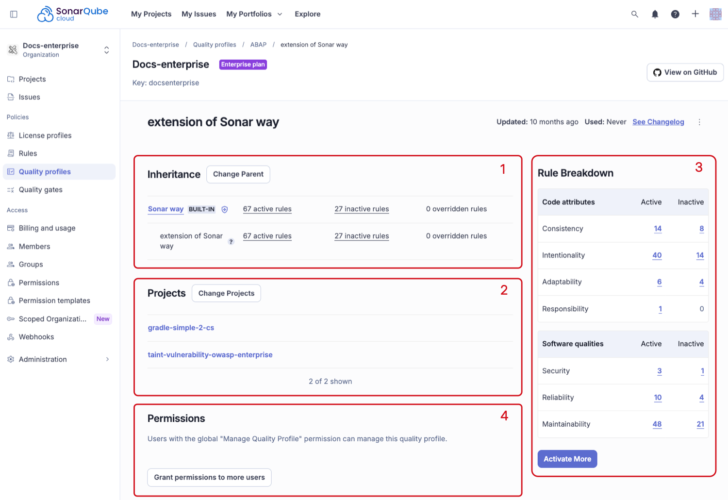 Quality profiles detailed view