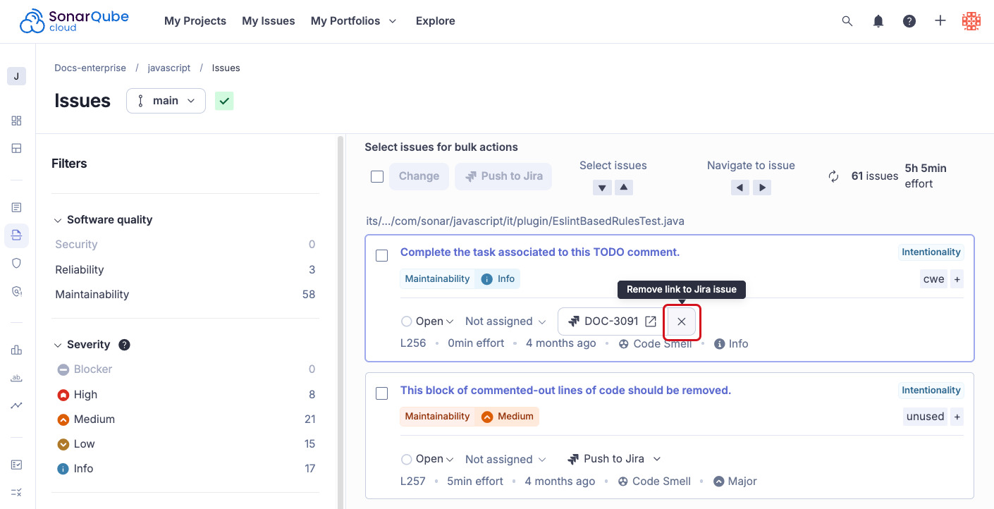 When removing a connection to a Jira work item, select the X on right side of the Jira botton.