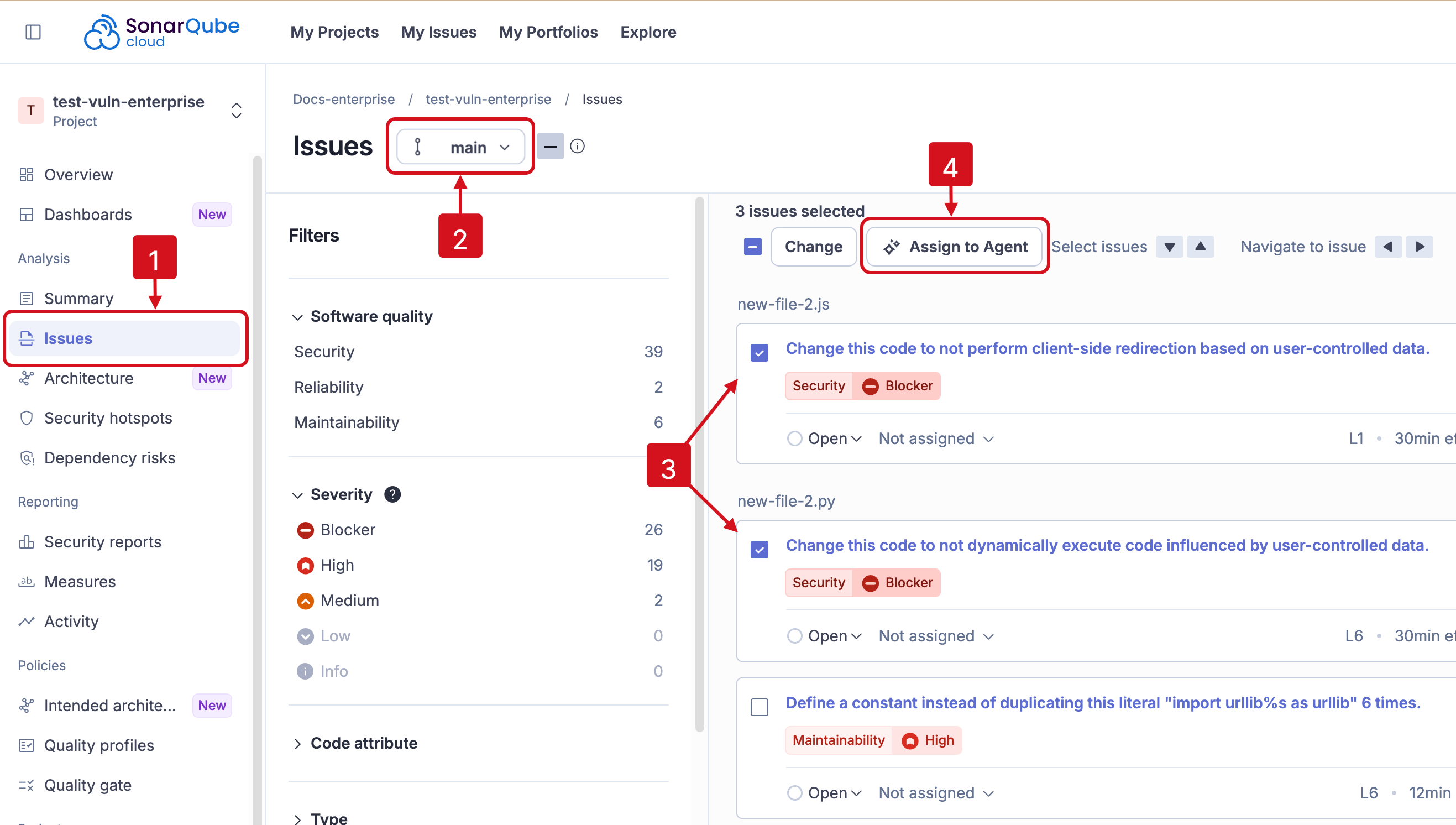 Select one or more issues to fix using the SonarQube Remediation Agent to fix issues in your backlog.