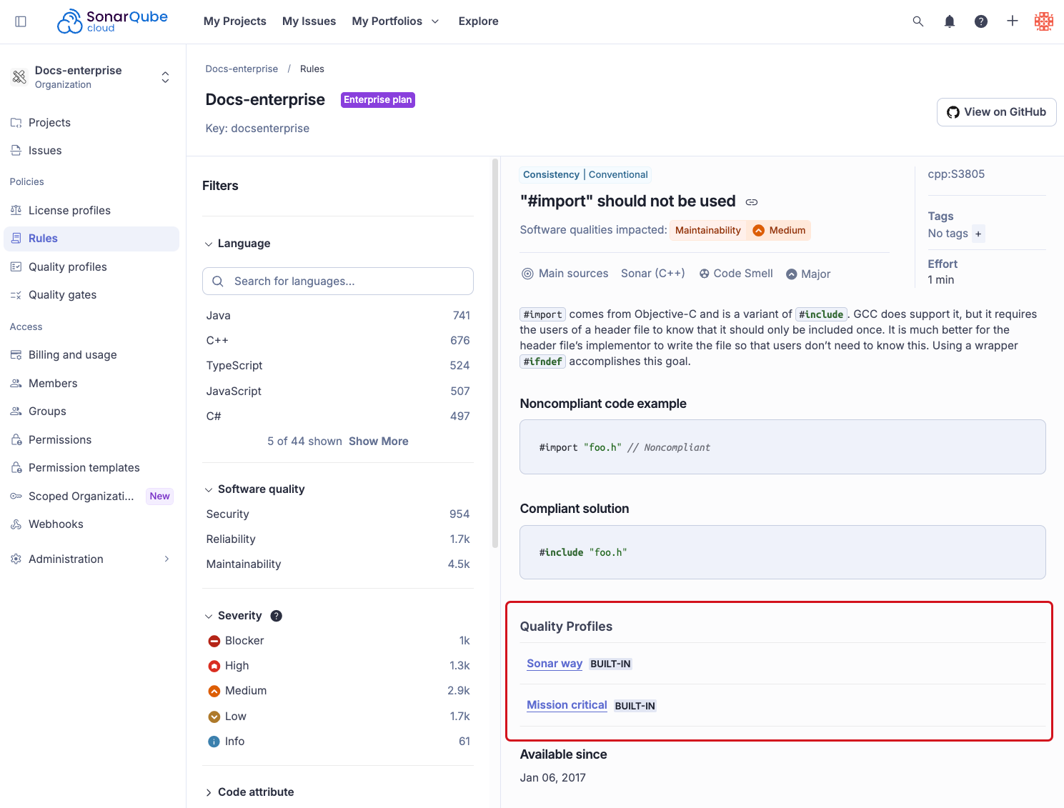 Quality profiles for a rule