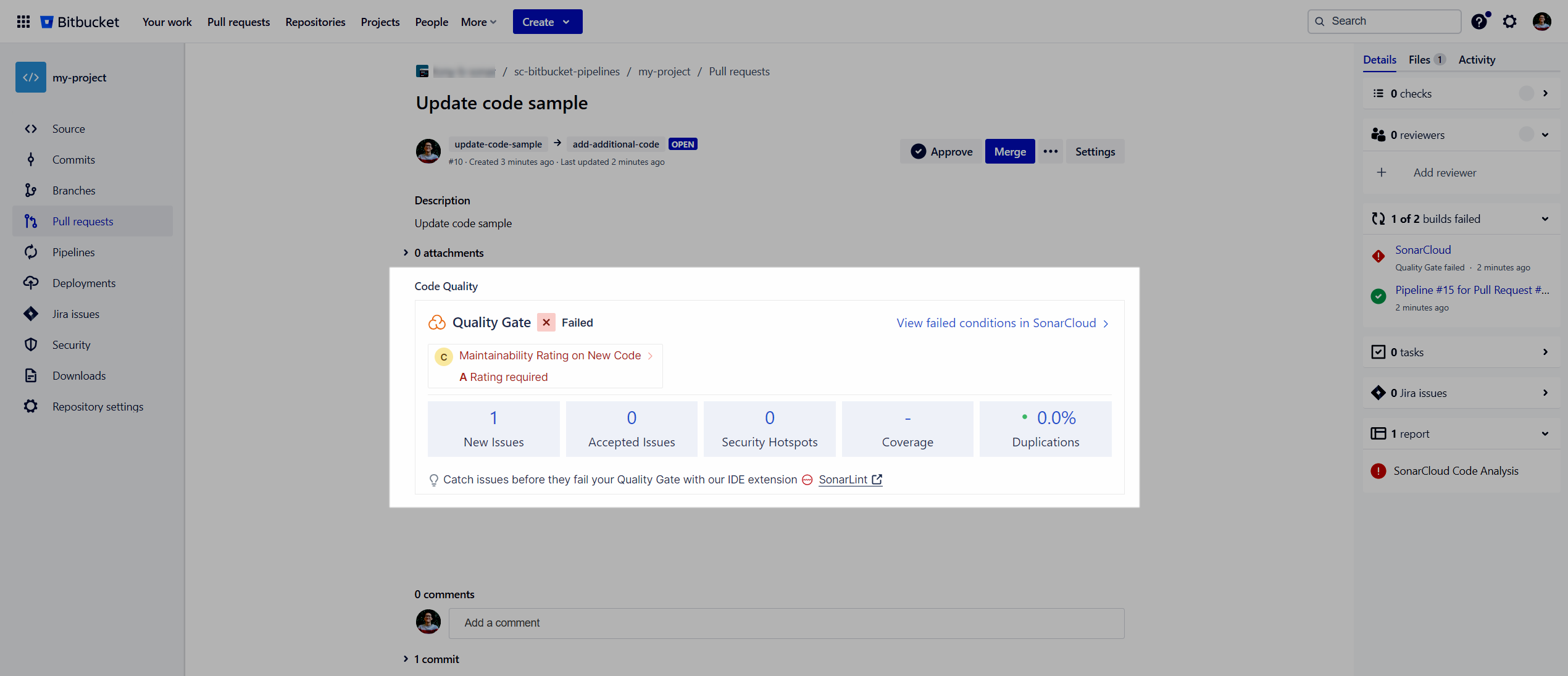 The status of your SonarQube Cloud project's quality gate can be displayed in the Bitbucket Cloud quality gate widget.