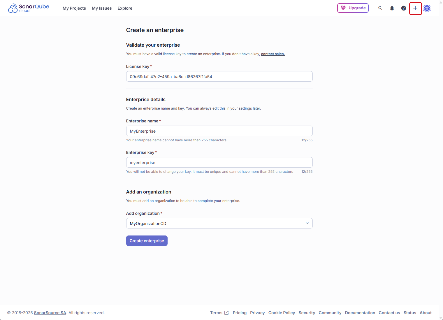 Create your SonarQube Cloud Enterprise by adding your License key and existing Organizations.