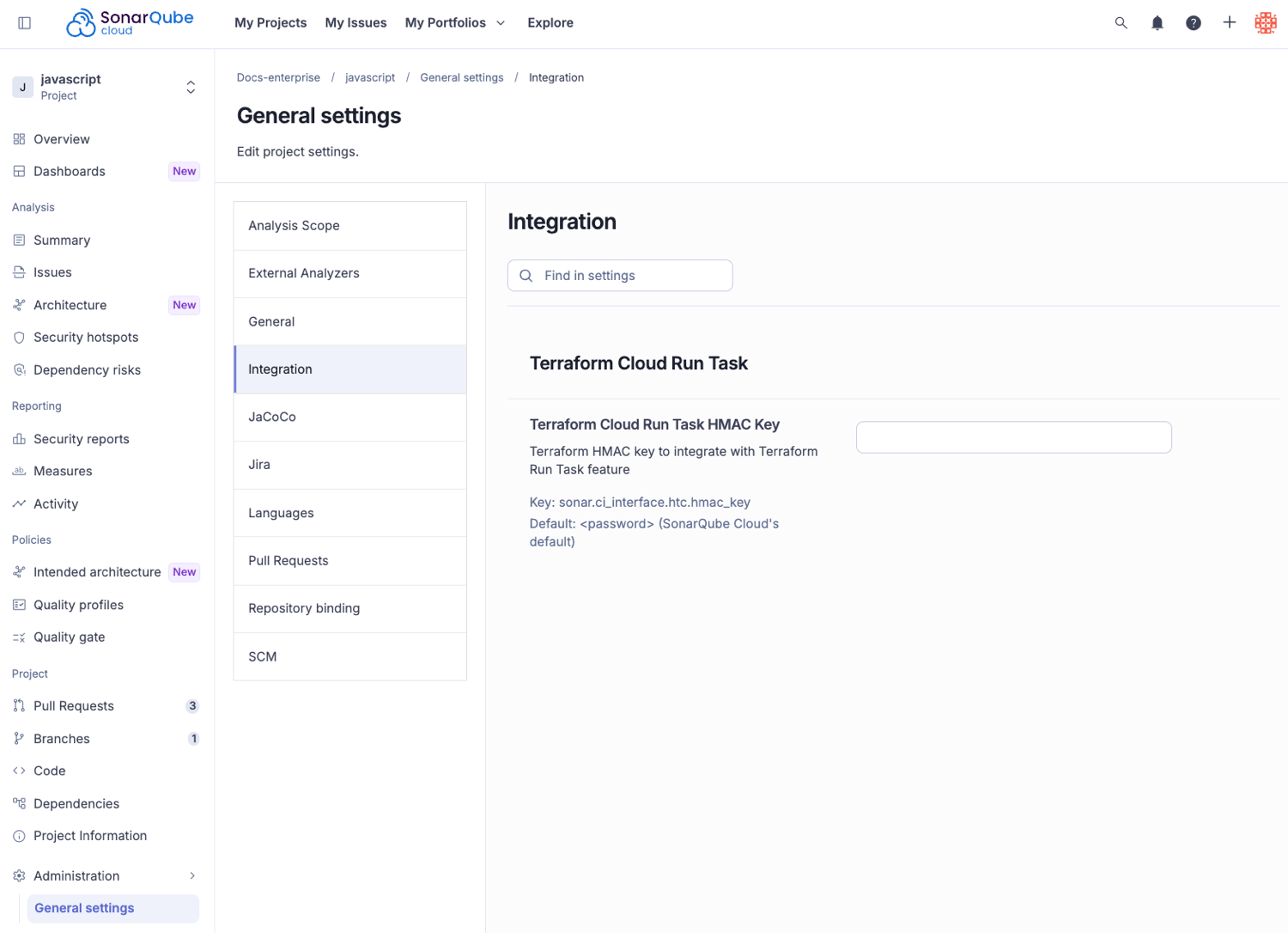 Adding your Terraform HMAC Key in the SonarQube Cloud UI.
