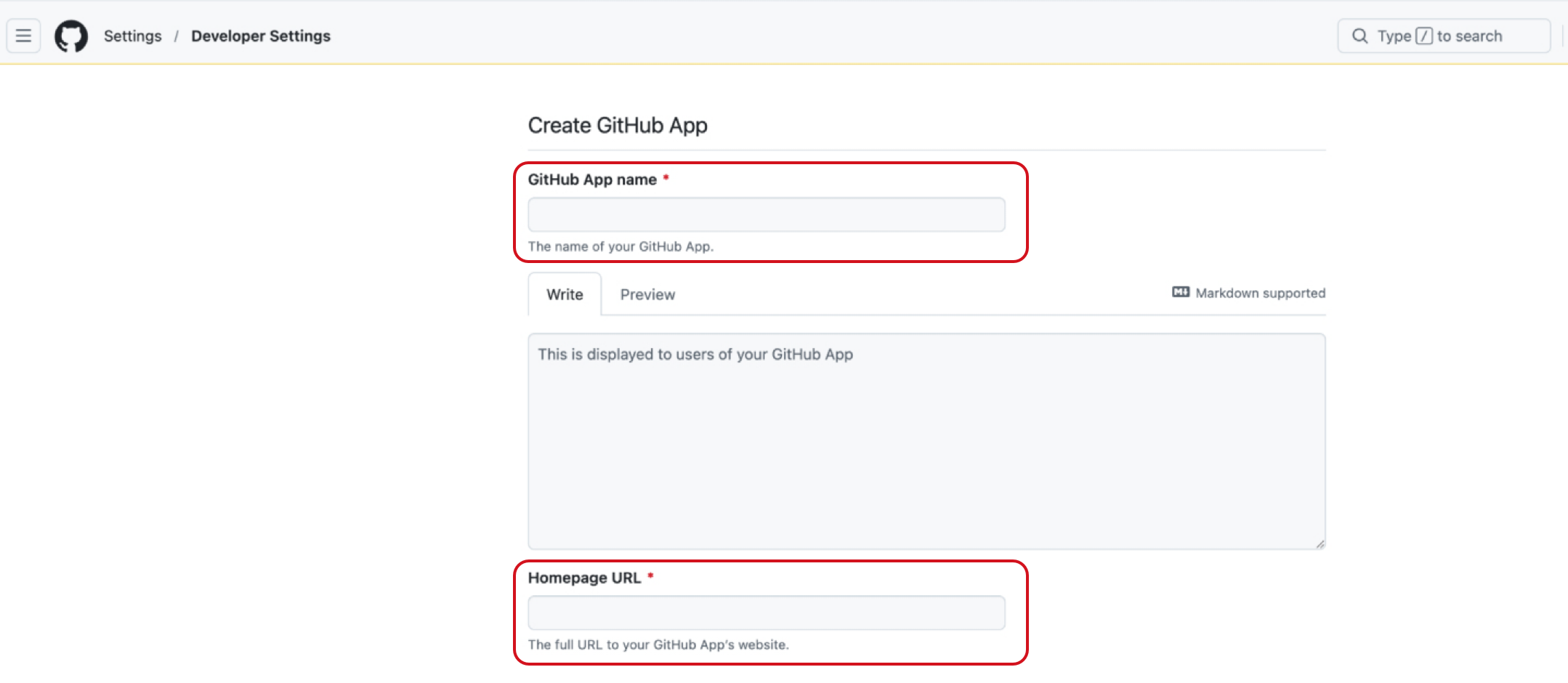 A screenshot of the Create GitHub App page, highlighting the input fields for GitHub App name and Homepage URL.