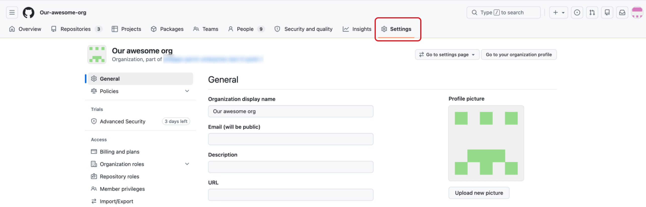 A screenshot of a GitHub organization's settings page, specifically the General tab. The Settings tab in the top navigation bar is highlighted.
