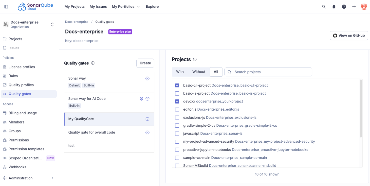 Associating projects with a quality gate