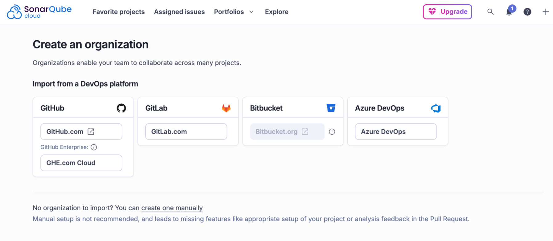 A screenshot of the SonarQube Cloud interface, demonstrating the Create an organization page. It shows options to import from various DevOps platforms like GitHub, GitLab, Bitbucket, and Azure DevOps.
