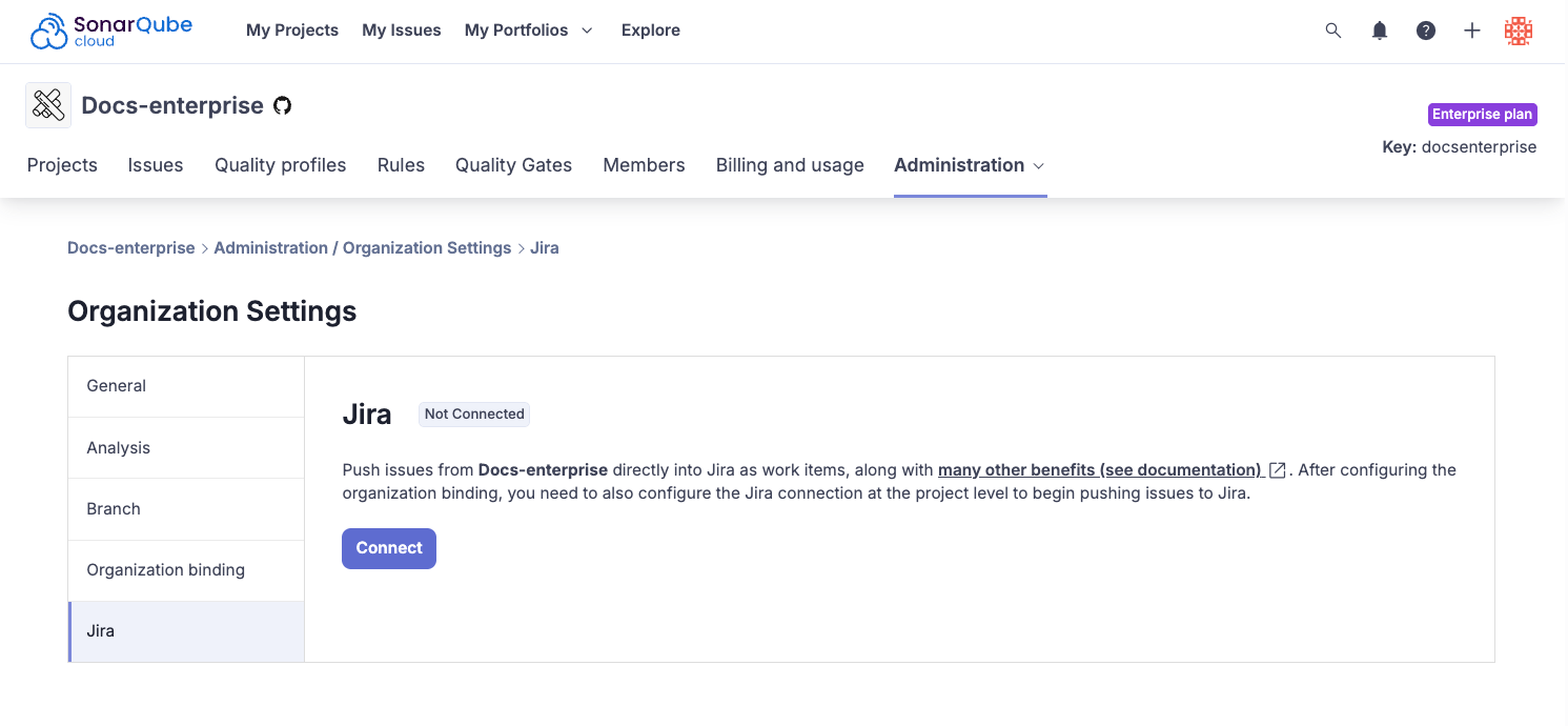 Select the Connect button to connect your SonarQube Cloud organization with a Jira instance.
