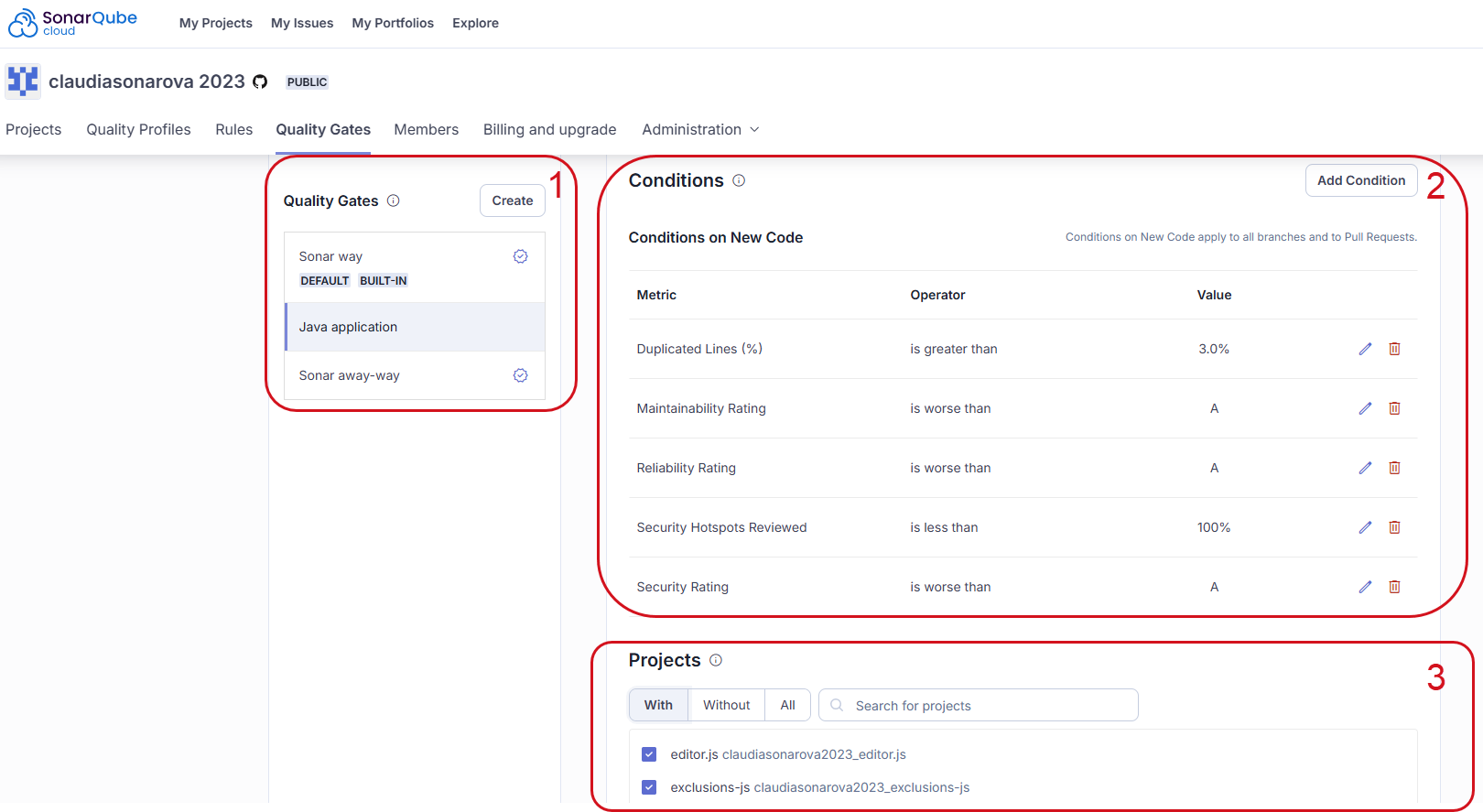 Your SonarQube Cloud Quality Gates page shows you the conditions you've applied and the projects which use this particular quality gate when running analyses.