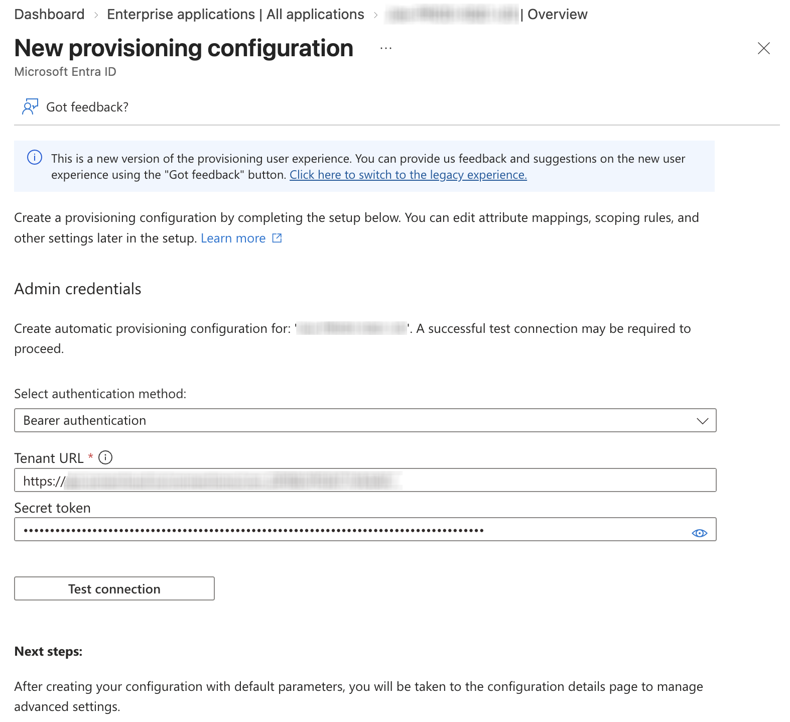 Set the Admin credentials parameters.
