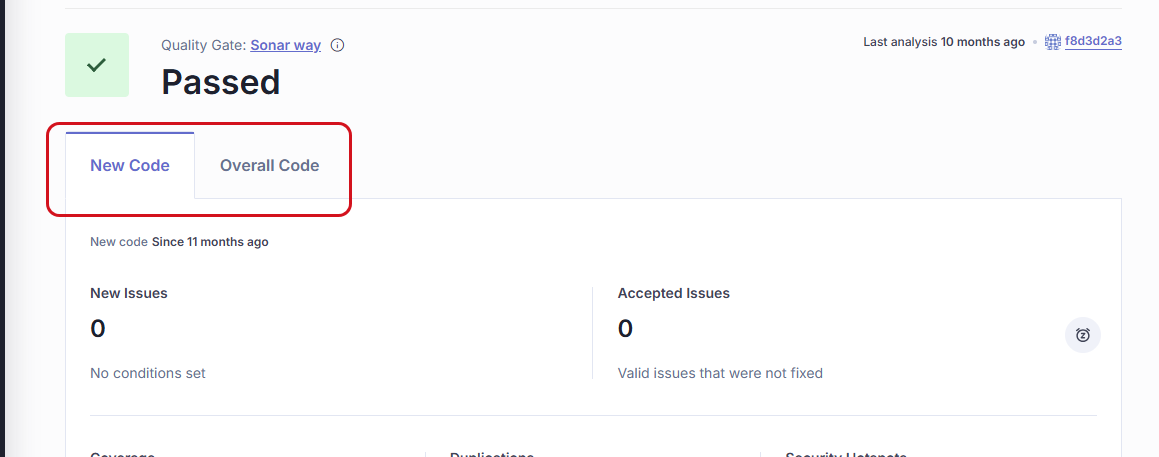 Your project overview page in SonarQube Cloud provides an overview of issues found in New Code or in your Overall Code.