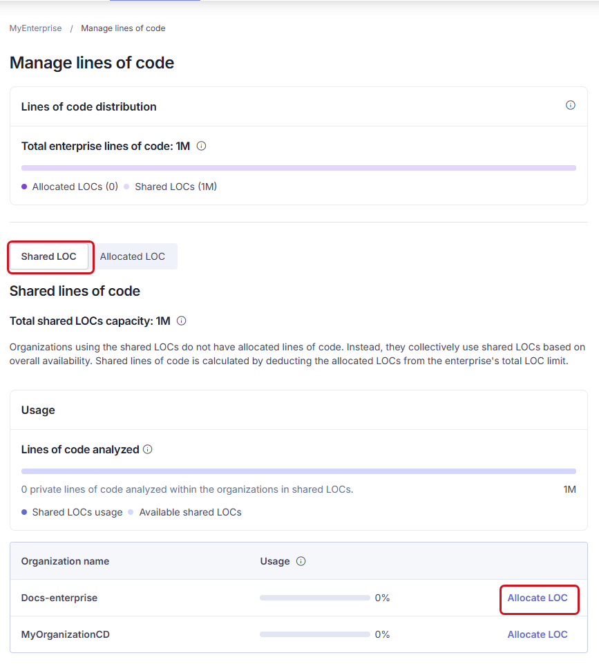 Select the Shared LOC tab to allocate a LOC limit to an organization within your enterprise