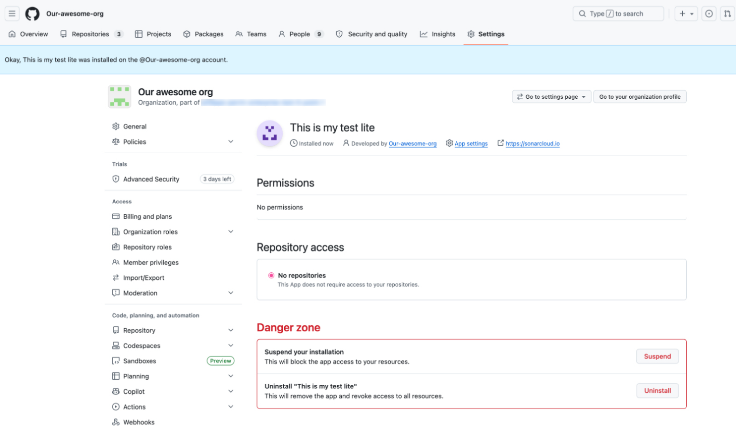 A screenshot of an application's settings page, showing the Permissions and Danger zone sections. The Danger zone provides options to Suspend your installation and Uninstall.