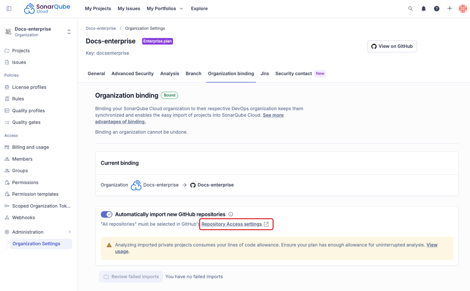 Accessing repository access settings