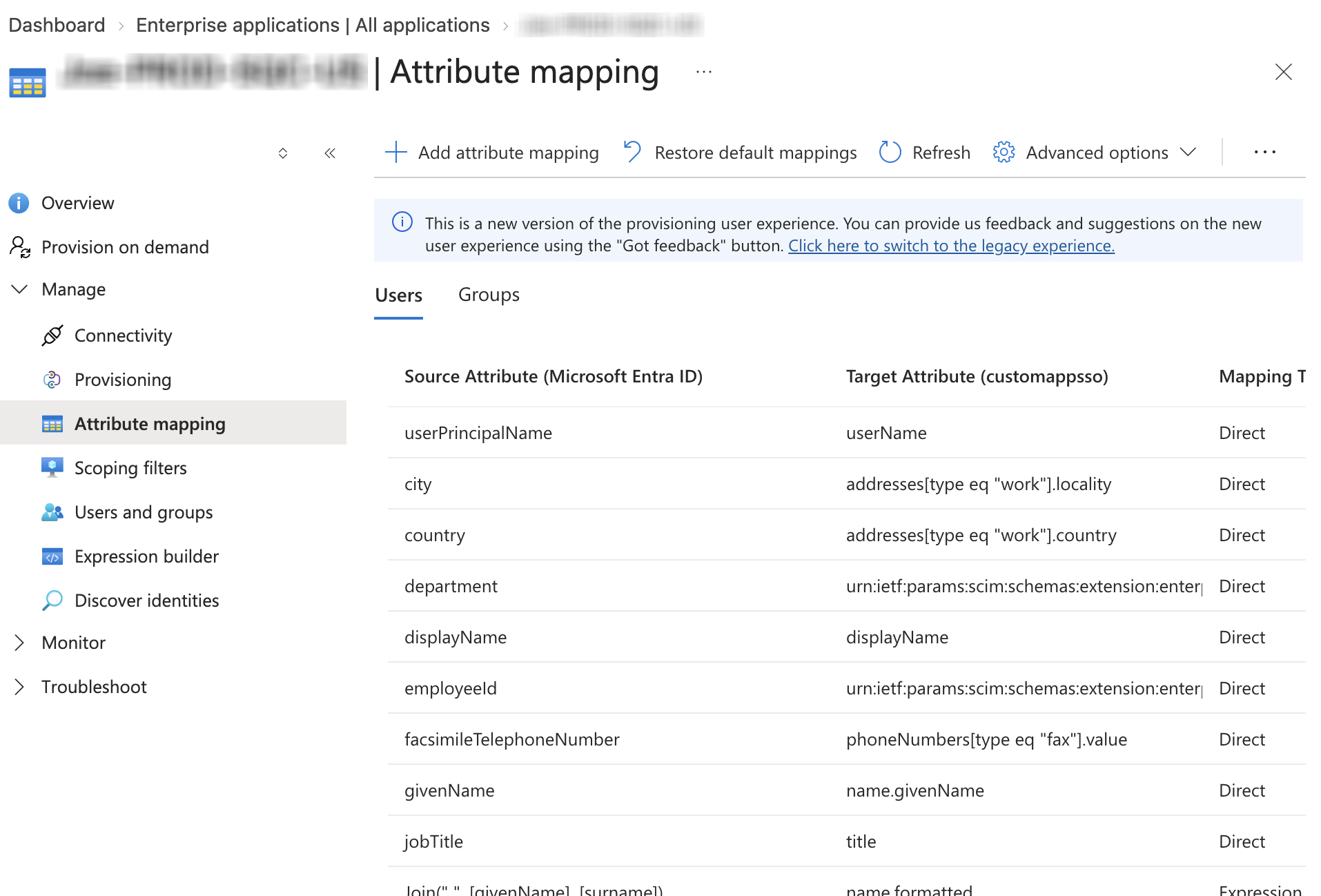 The Attribute Mapping page for Microsoft Entra ID Users.