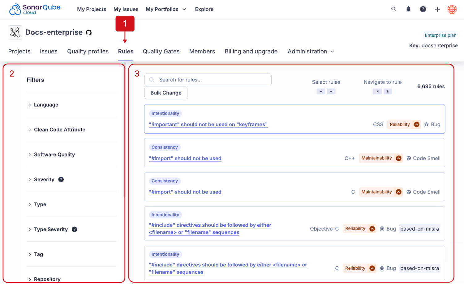 The SonarQube Cloud Rules page allows you to filter issues (on left) and show the list on the right side of the page.