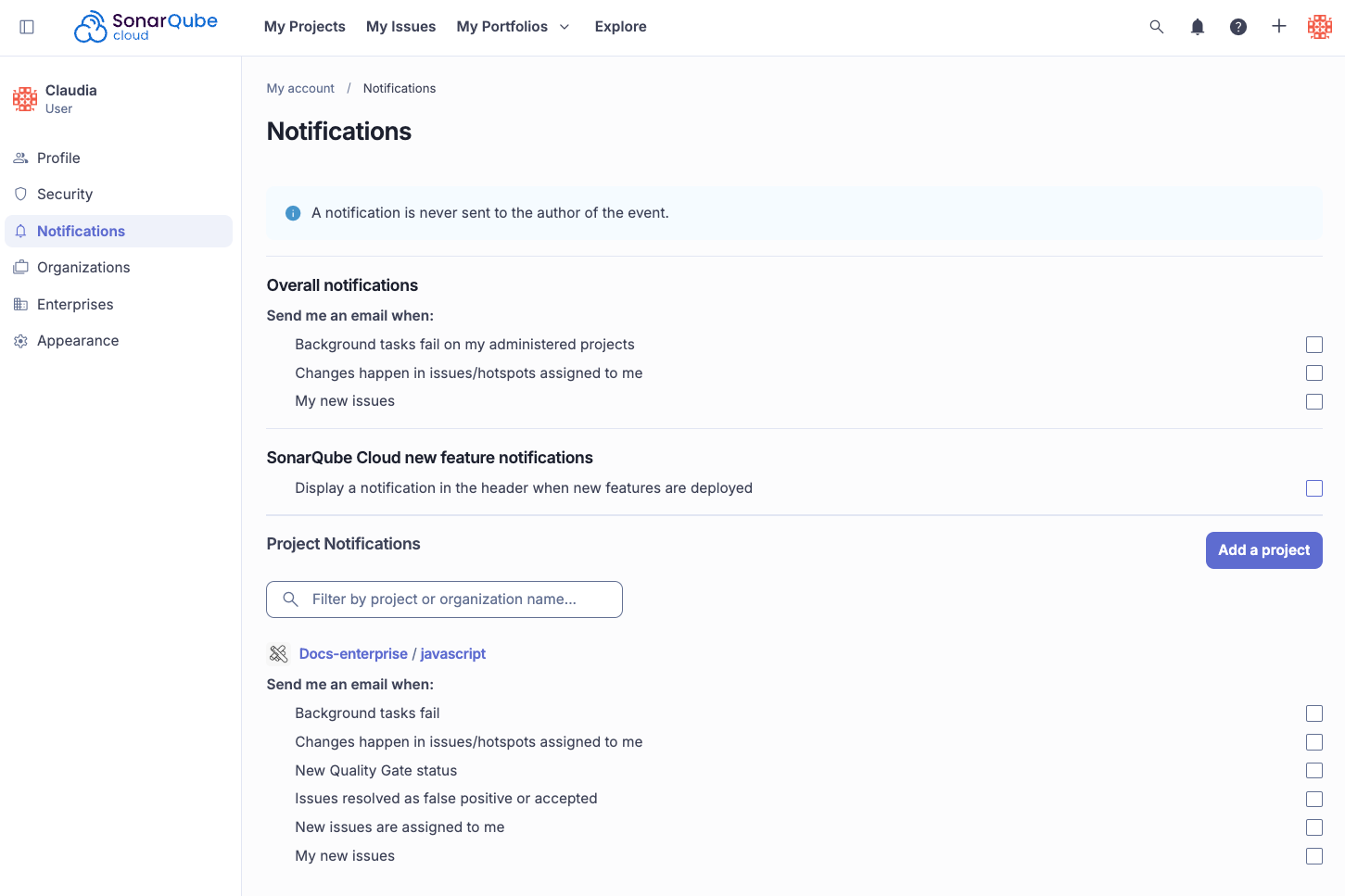 Notification setting for an account