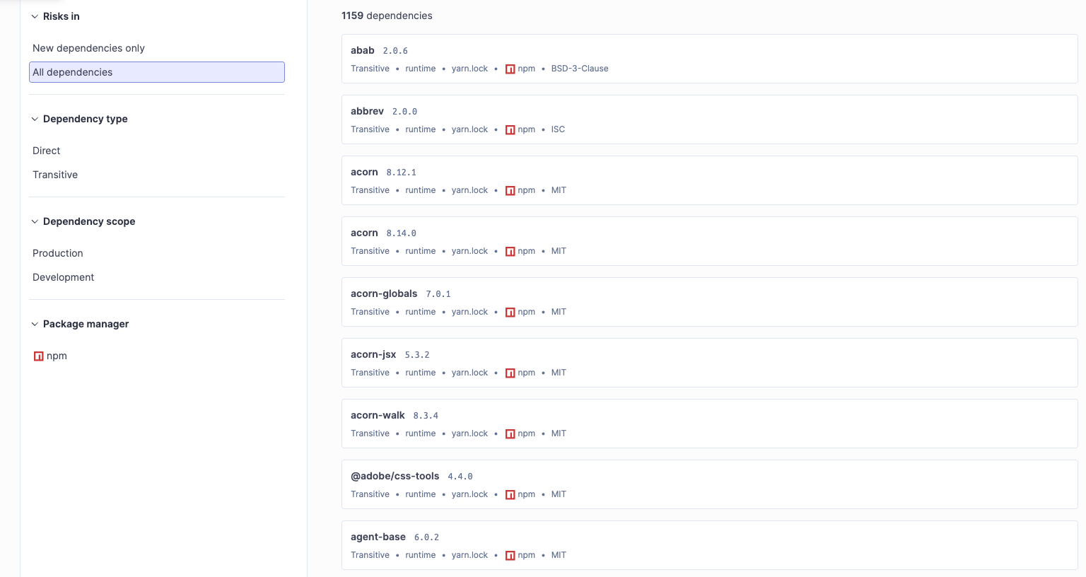 List of dependencies in the SonarQube Cloud UI