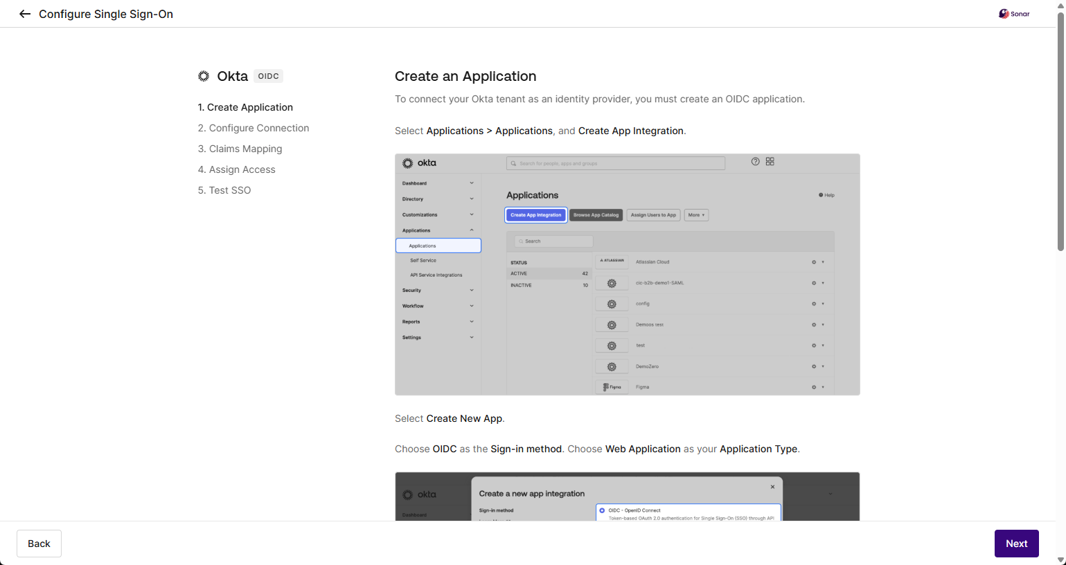 SonarQube Cloud's SSO setup assistant for Okta OIDC.