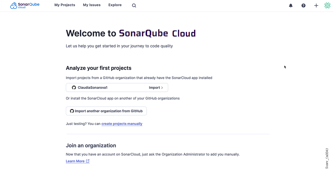 Your Welcome to SonarQube Cloud page to import your first GitHub project.