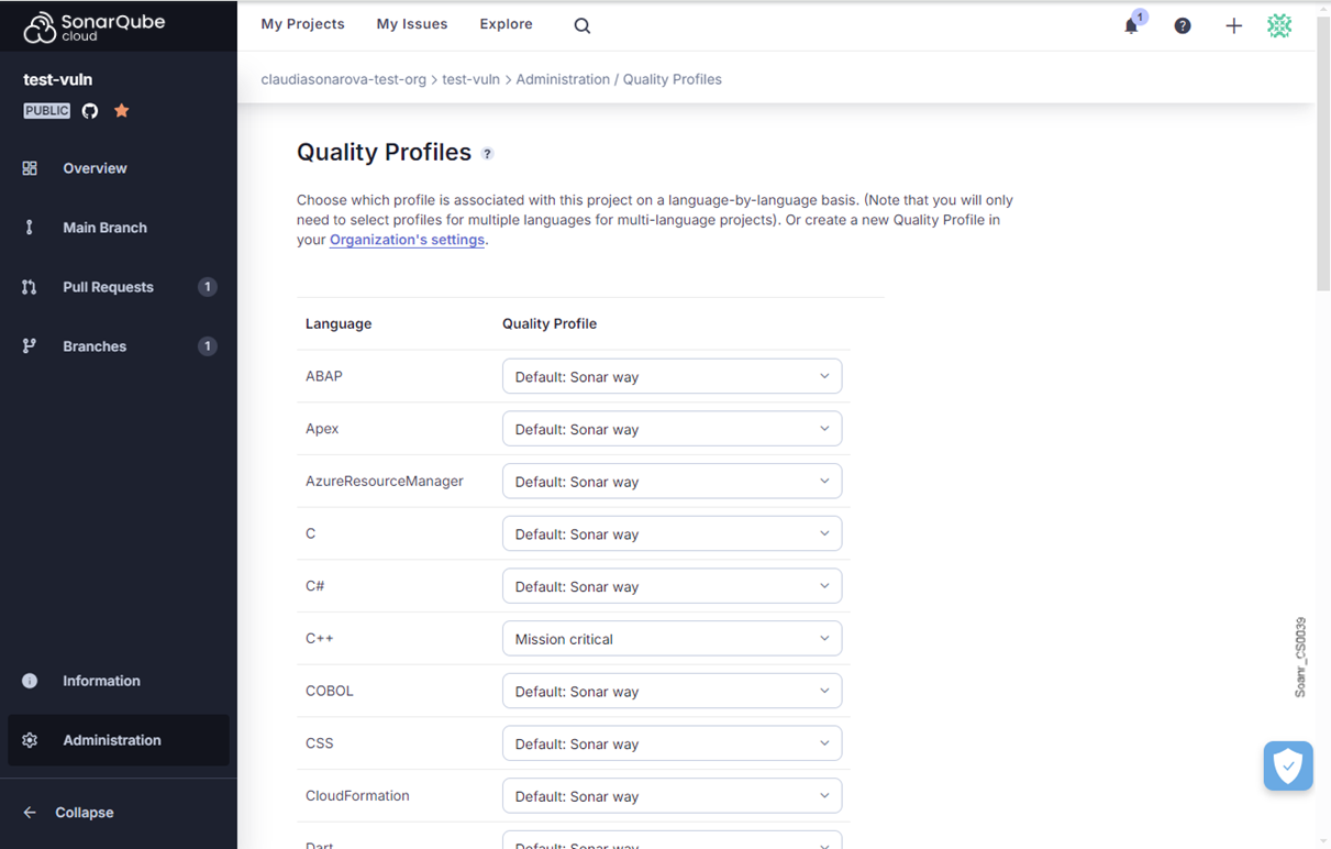Navigate to Your Project > Administration > Quality profiles to see a list of langages and their assigned Quality Profiles.