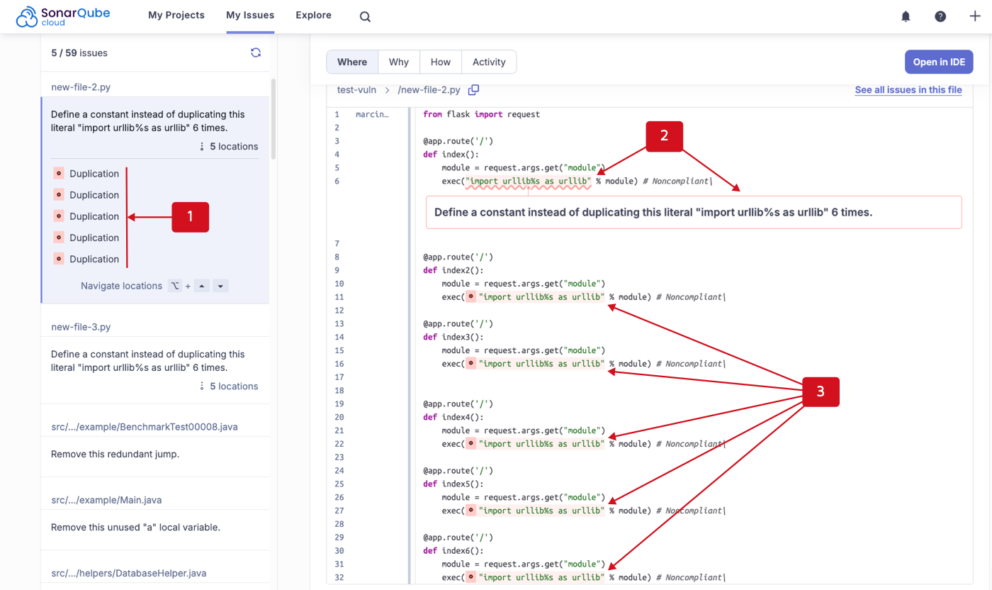 When reviewing your issue's details, additional locations will be listed in the left sidebar. The location of your selected instance is highlighted in the code, and additional locations are called out with red numbers in the code.