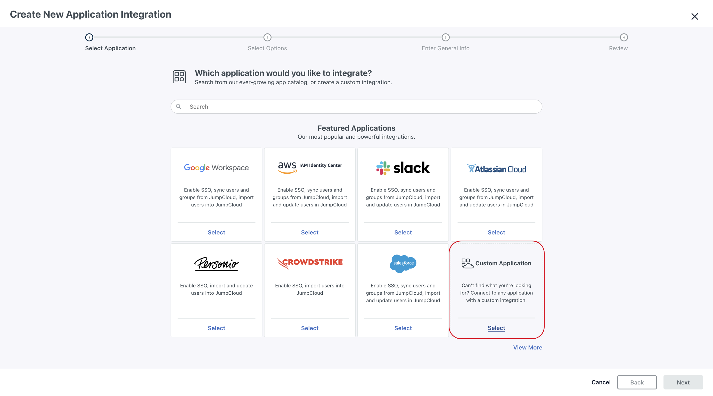 To create your SonarQube Cloud app in JumpCloud, select Custom Application.