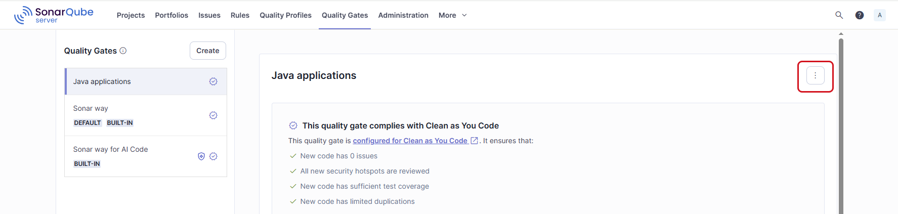 Select the three-dots menu to copy an existing SonarQube Cloud quality gate that you want to customize.