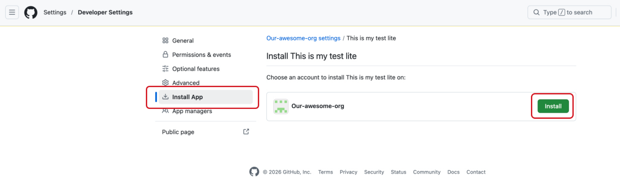 A screenshot demonstrating how to install an application, with the Install App option highlighted in the left navigation menu and the Install button highlighted on the right.
