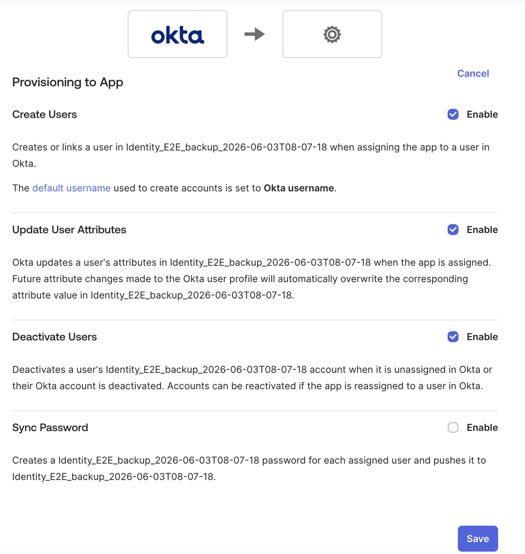 Enable the features Create Users, Update User Attributes, and Deactivate Users.