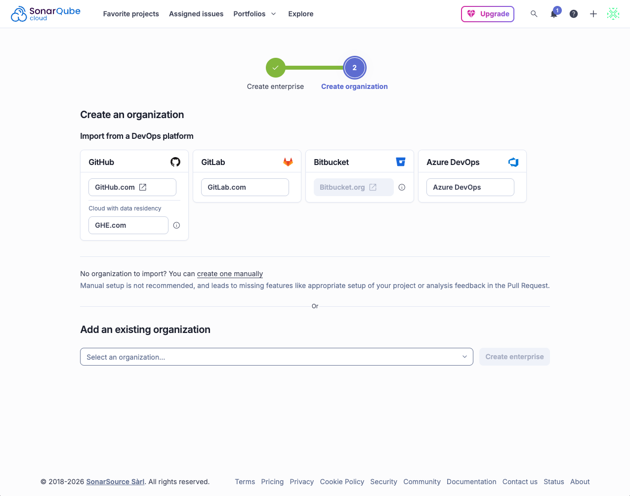 The Create an organization step of enterprise creation, showing options to import from GitHub.com, GHE.com, GitLab.com, Bitbucket.org, or Azure DevOps; create an organization manually; or add an existing organization.