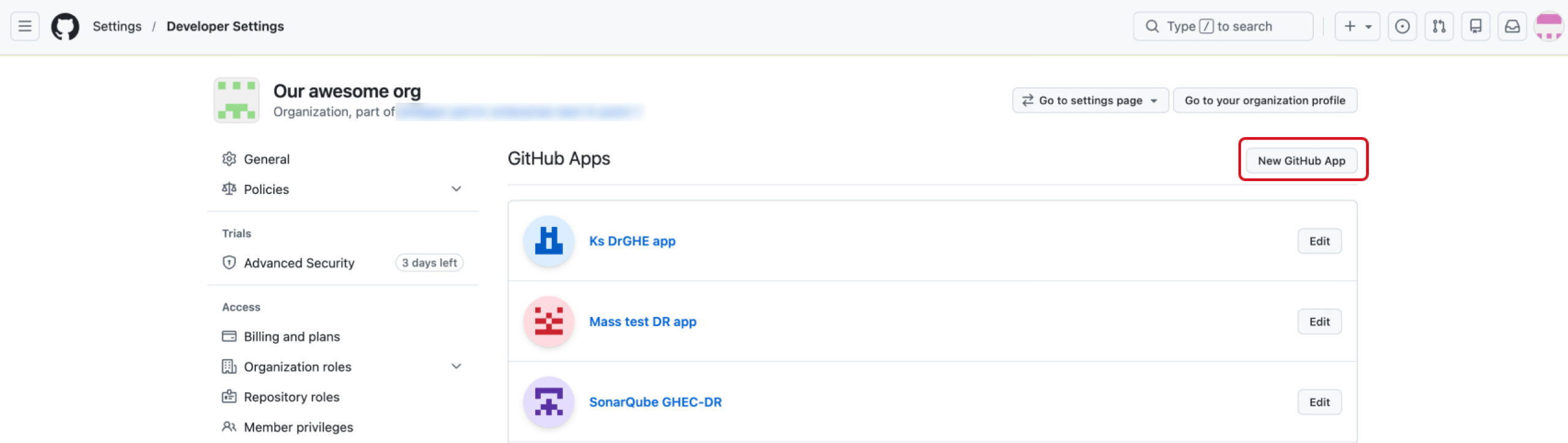 A screenshot of GitHub Developer Settings, showing a list of GitHub Apps. The New GitHub App button is highlighted.