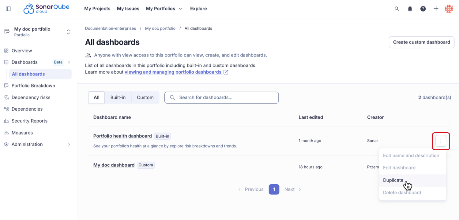 Duplicating a dashboard