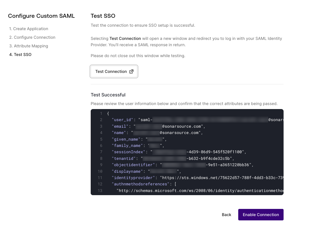 Before you finish step 2 configuring your connection using SonarQube Cloud’s setup assistant, test and enable your configuration.
