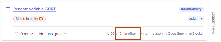 SonarQube Cloud gives you an estimated measure of the effort required to eliminate technical debt for the issue.