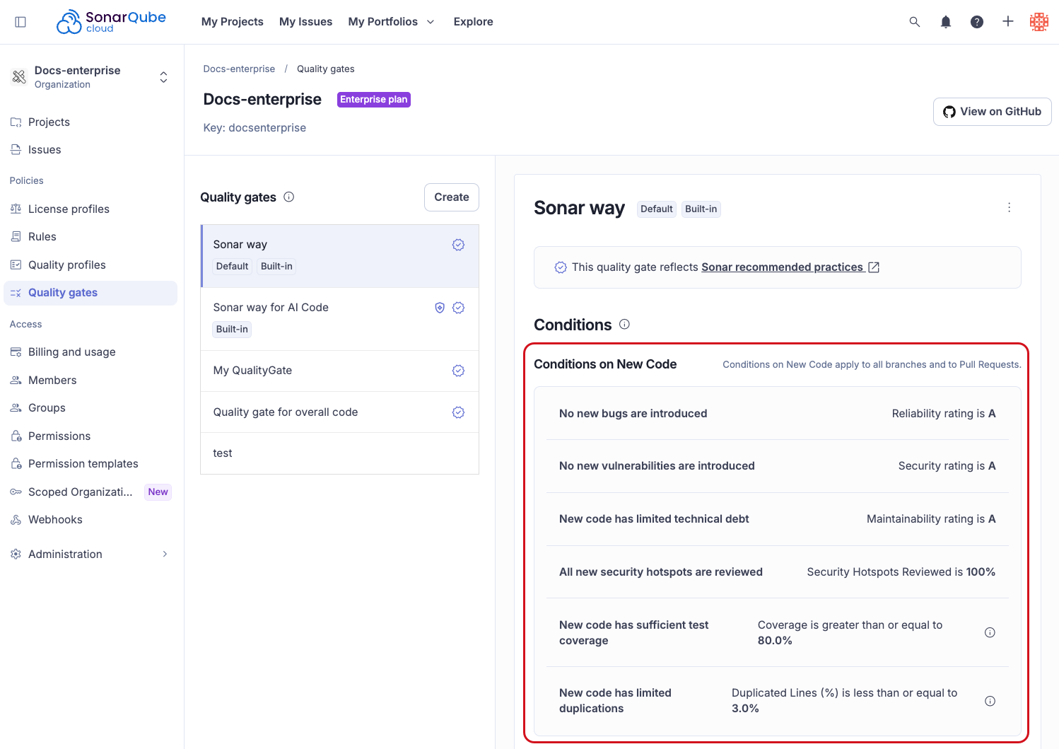 Conditions on new code in the quality gate definition