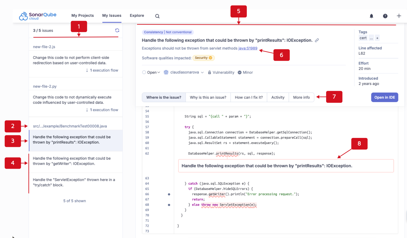 There are eight key places in the SonarQube Cloud user interface to review an issue’s details.