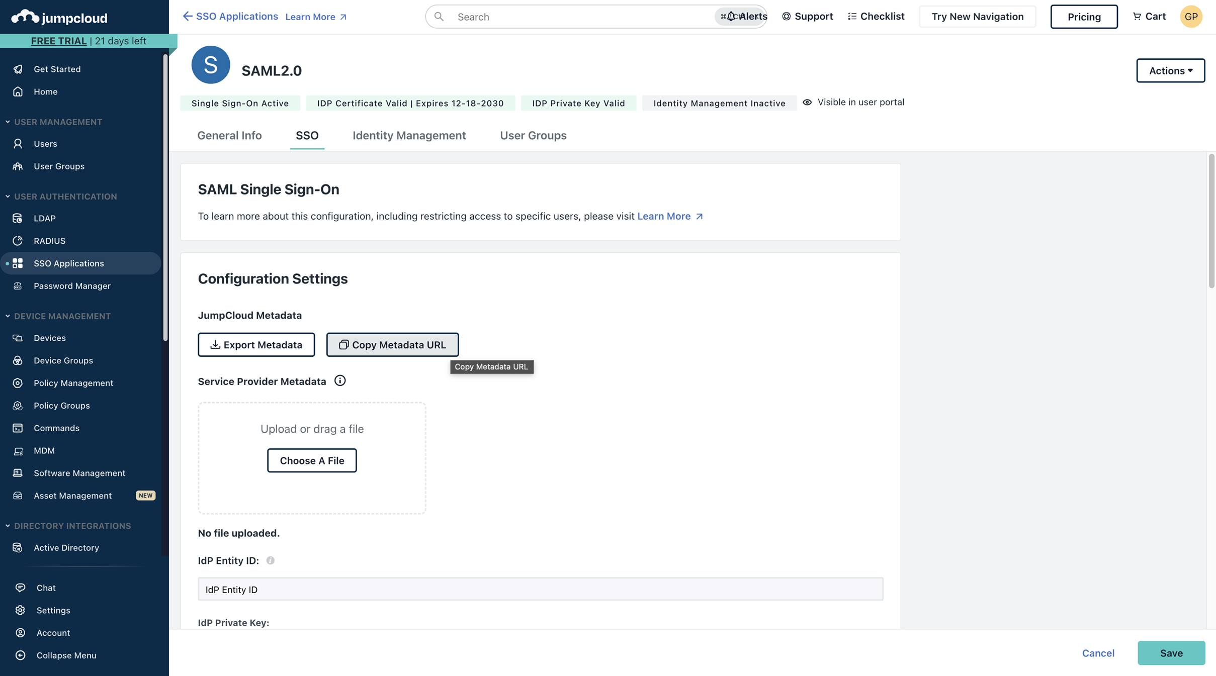 Select the Copy Metadata URL button.