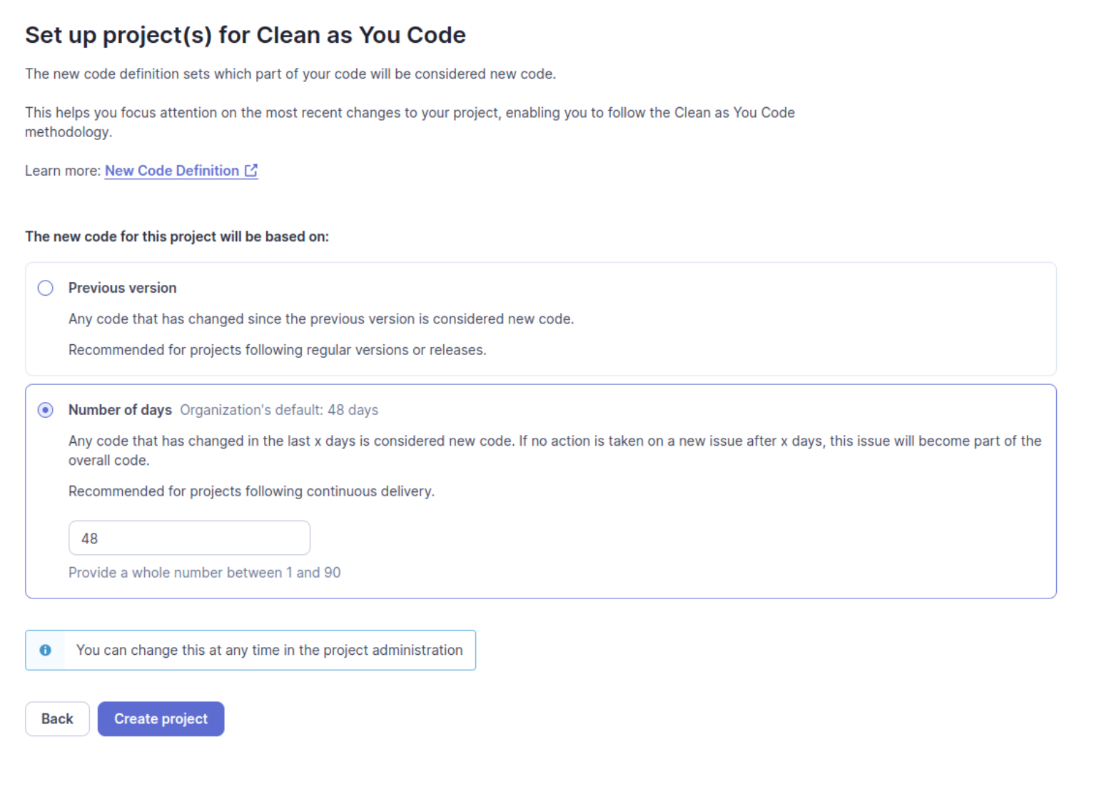 Set up your project by selecting a New Code Defintition.