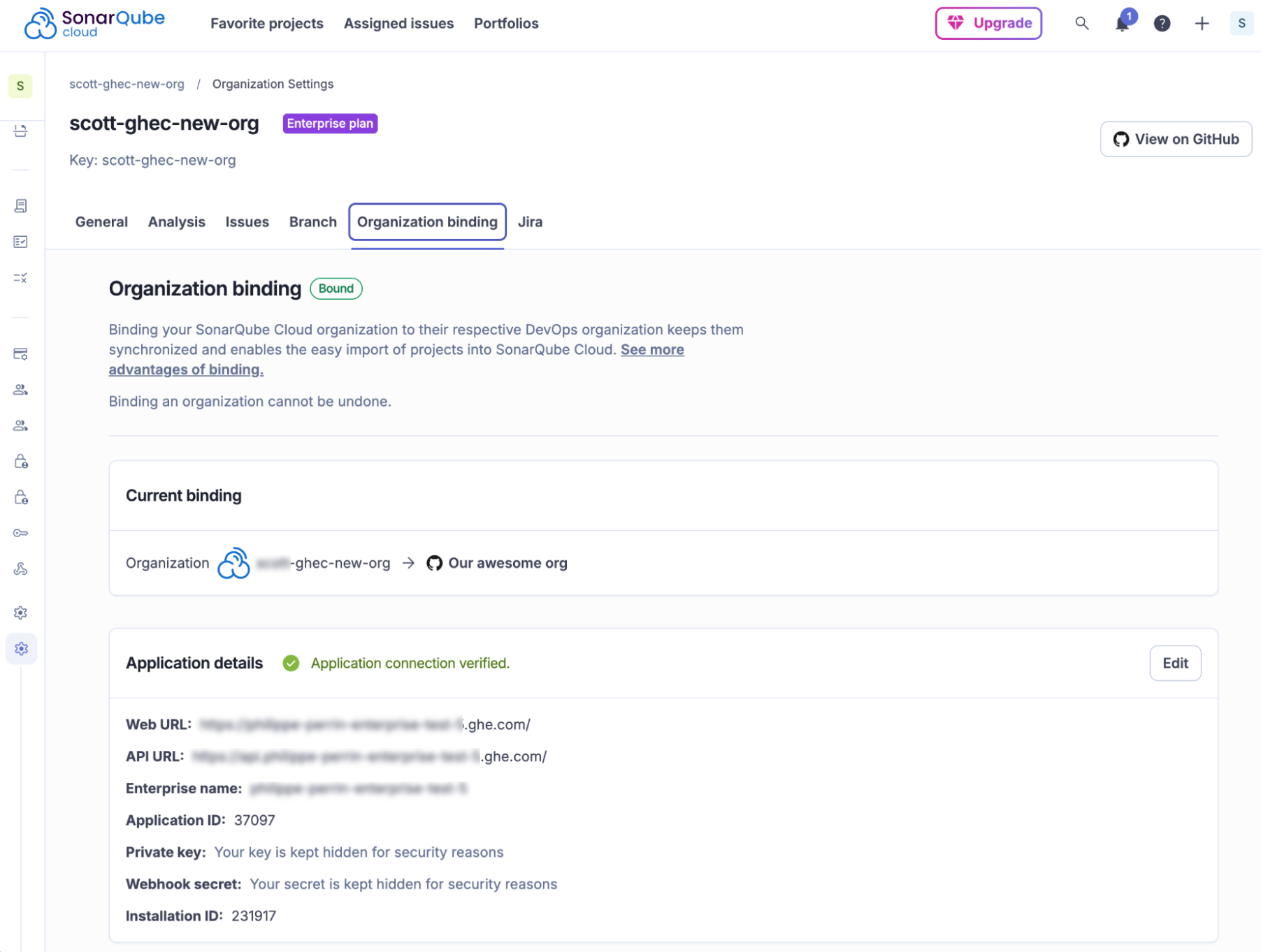 A screenshot of the SonarQube Cloud organization settings page, specifically showing the Organization binding section. It details the current binding between SonarQube Cloud and a DevOps organization, and displays application connection details including Web URL, API URL, Application ID, and Installation ID. The Application connection verified status is highlighted.