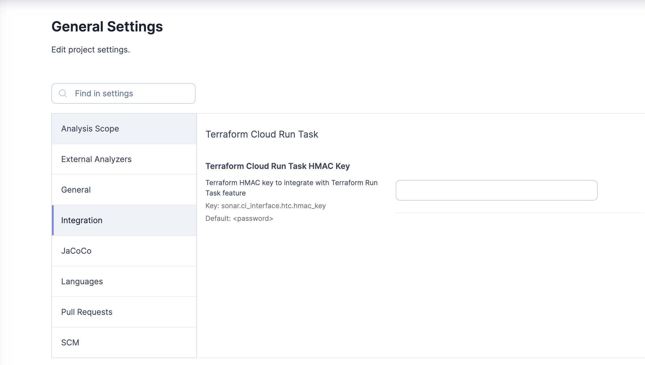 Where to add your Terraform HMAC Key in the SonarQube Cloud UI.