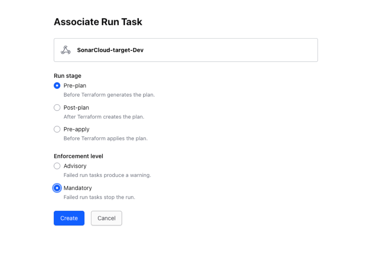 Choose the correct Run stage for the SonarQube Cloud task in Terraform. 